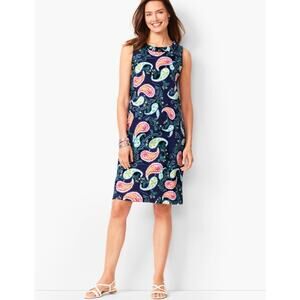 Women's Medium Talbots Petites Navy Blue Paisley Dress Ruffle Neck Preppy Soft